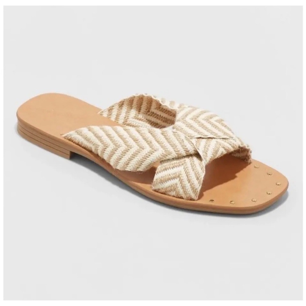 Universal Thread Womens Knot Slide Sandals Beige Chevron Studded Square Toe 8W‎